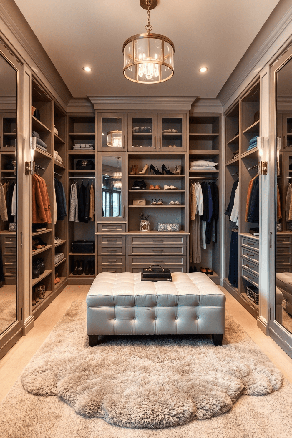 A luxurious walk-in closet featuring custom cabinetry with ample shelving and hanging space. The design incorporates a plush area rug and elegant lighting fixtures to create a welcoming atmosphere. The walls are adorned with soft neutral tones, while large mirrors enhance the sense of space. A stylish ottoman sits in the center, providing a comfortable spot for dressing and accessorizing.