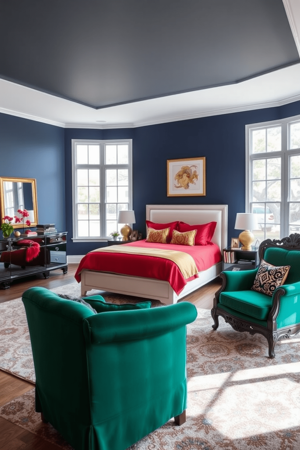 A large bedroom featuring bold colors with a striking accent wall painted in deep navy blue. The room is furnished with a king-sized bed dressed in vibrant red and gold bedding, complemented by matching throw pillows. On one side of the room, a sleek modern dresser in a high-gloss finish contrasts with an ornate antique armchair upholstered in rich emerald green. Large windows allow natural light to flood the space, highlighting a plush area rug with geometric patterns in bold hues.