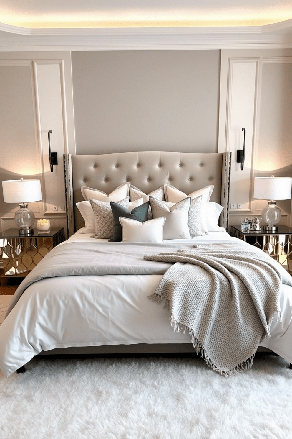 Create a luxurious feel with layered bedding in a spacious bedroom. The bed features a plush upholstered headboard adorned with decorative pillows and a soft, textured throw blanket. Incorporate a soothing color palette with shades of cream, soft gray, and muted pastels. Add elegant bedside tables with stylish lamps and a soft area rug to enhance the cozy atmosphere.