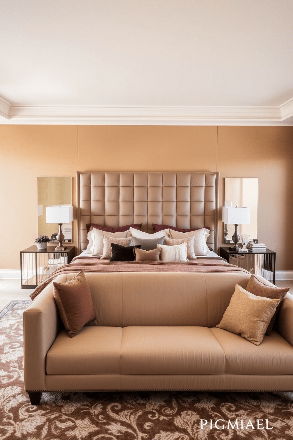 A large bedroom featuring a statement headboard that serves as the focal point of the room. The headboard is upholstered in a rich fabric, complemented by elegant bedside tables with stylish lamps on either side. The walls are painted in a soft, warm color that enhances the cozy atmosphere. Plush bedding in coordinating tones adds layers of comfort, while a textured area rug anchors the space beneath a spacious seating area.