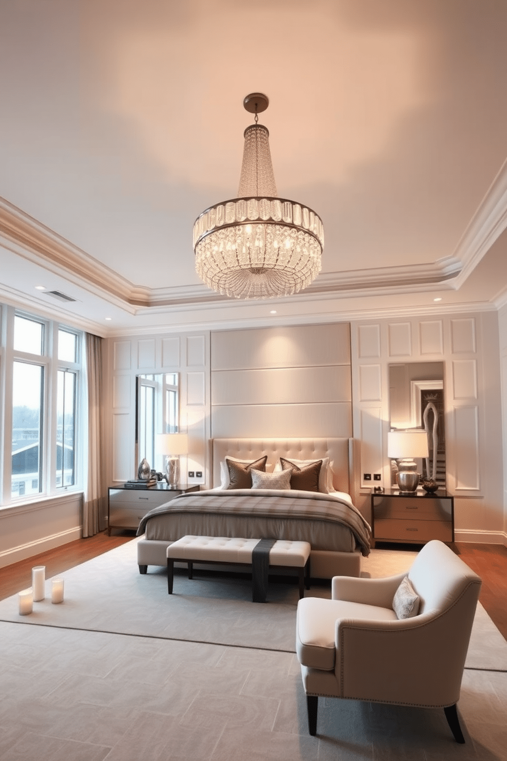 A large bedroom featuring a statement chandelier that adds elegance to the space. The room is adorned with a plush king-size bed dressed in luxurious bedding, complemented by stylish nightstands on either side. Soft, ambient lighting creates a warm atmosphere, while large windows allow natural light to flood in. The walls are painted in a calming neutral tone, and a cozy seating area is arranged in one corner with a chic armchair and a small side table.