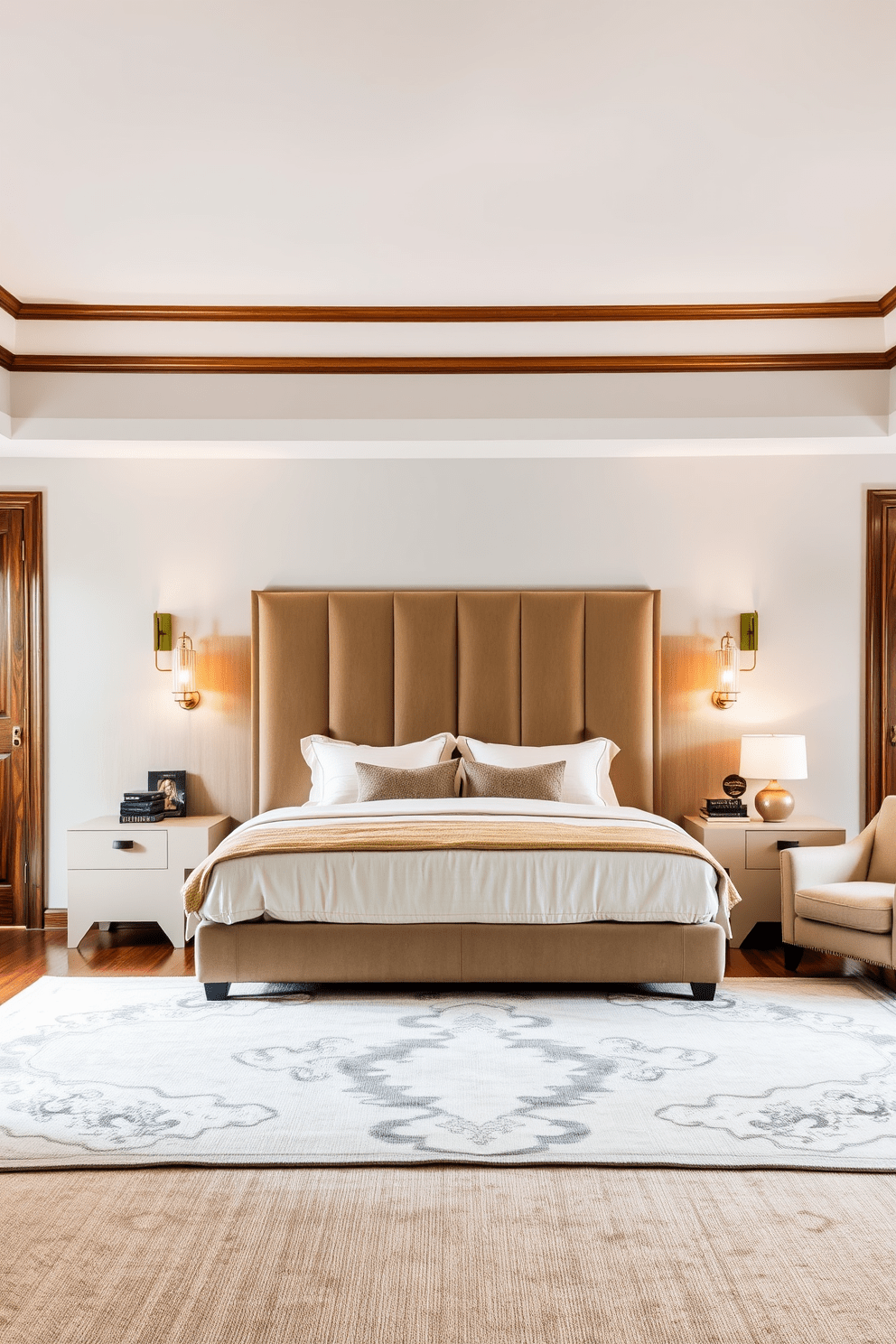 A spacious bedroom featuring a king-sized bed with a plush headboard dressed in soft linens. On either side of the bed, elegant wall sconces provide warm ambient lighting, creating a cozy atmosphere. The walls are painted in a calming light gray, complemented by rich wooden accents throughout the room. A large area rug in neutral tones anchors the space, while a stylish armchair in the corner adds a touch of sophistication.