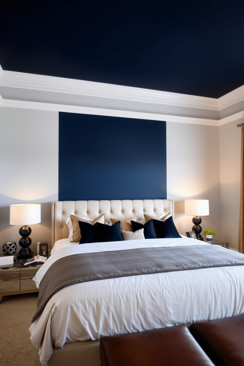 A spacious bedroom featuring a bold accent wall painted in deep navy blue, creating a striking focal point in the room. The rest of the walls are a soft, warm white to balance the intensity of the accent wall. The room includes a king-sized bed with a plush tufted headboard, dressed in luxurious linens and layered with decorative pillows. Flanking the bed are stylish nightstands with modern lamps that provide a cozy glow in the evening.