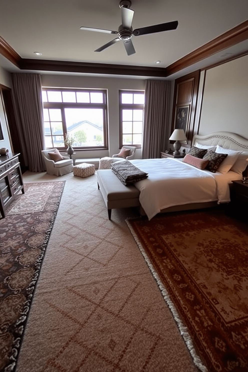 A large bedroom featuring layered rugs that add texture and warmth to the space. The room showcases a plush king-size bed dressed in luxurious linens, with a cozy seating area by the window that invites relaxation.