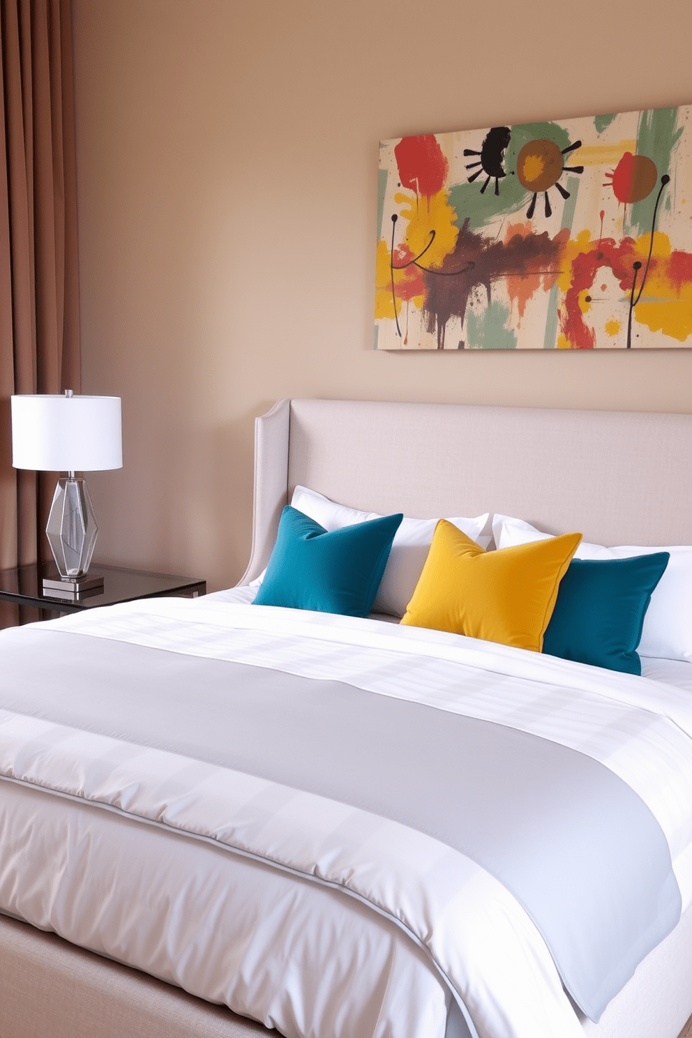 A spacious bedroom featuring a plush king-sized bed with a neutral-toned upholstered headboard. The bedding is a mix of soft white and light gray, complemented by vibrant accent pillows in shades of teal and mustard yellow. On one side of the bed, a sleek nightstand holds a modern lamp with a geometric design. The walls are painted in a warm beige, while a colorful abstract painting adds a focal point above the bed.