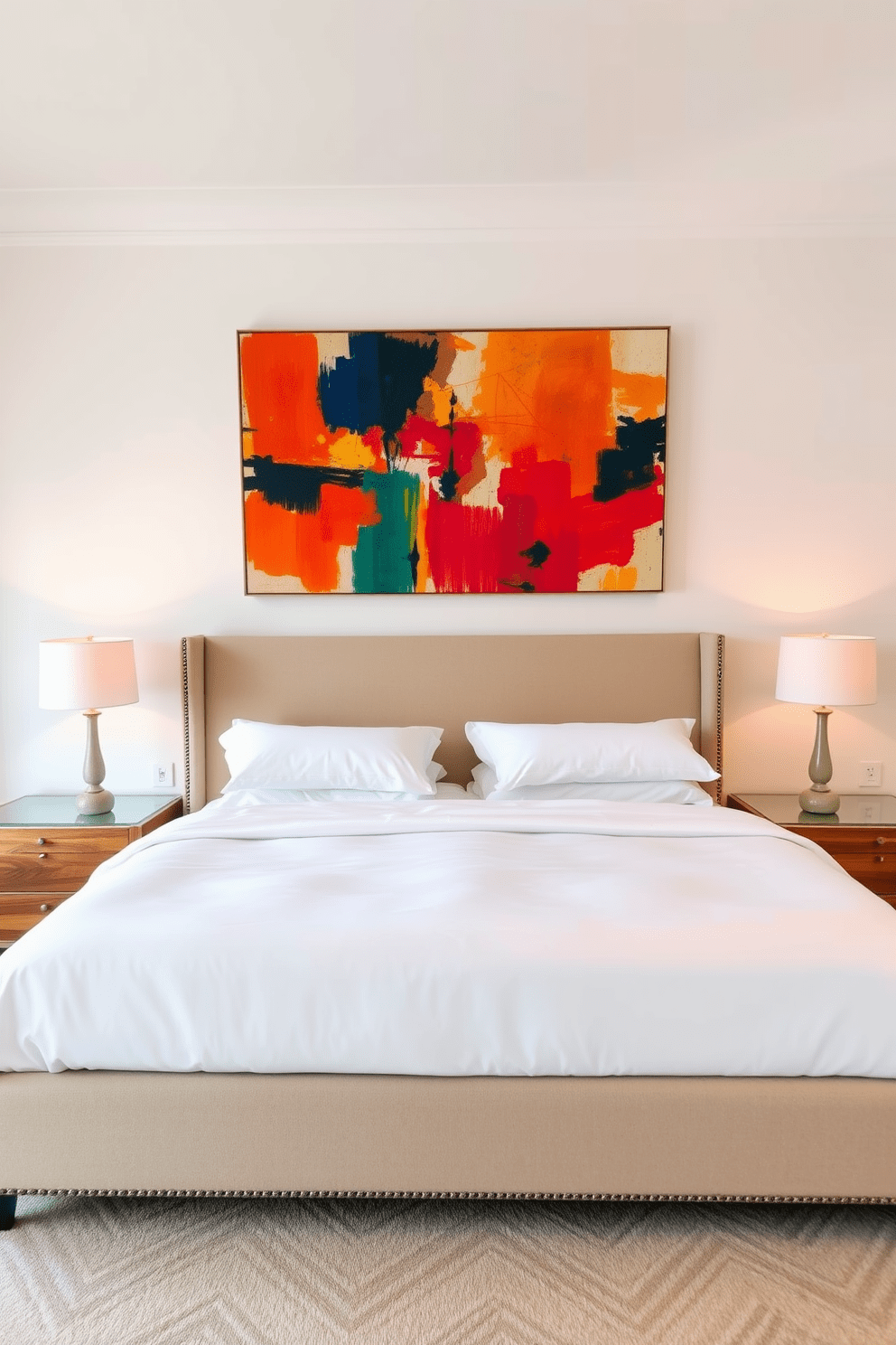 A spacious bedroom featuring a king-sized bed with a plush upholstered headboard and crisp white linens. Above the bed, a large piece of abstract artwork in vibrant colors creates a striking focal point, enhancing the room's overall aesthetic. The walls are painted in a soft neutral tone, complementing the rich wooden flooring. Flanking the bed are matching nightstands with elegant lamps, providing a warm and inviting ambiance.