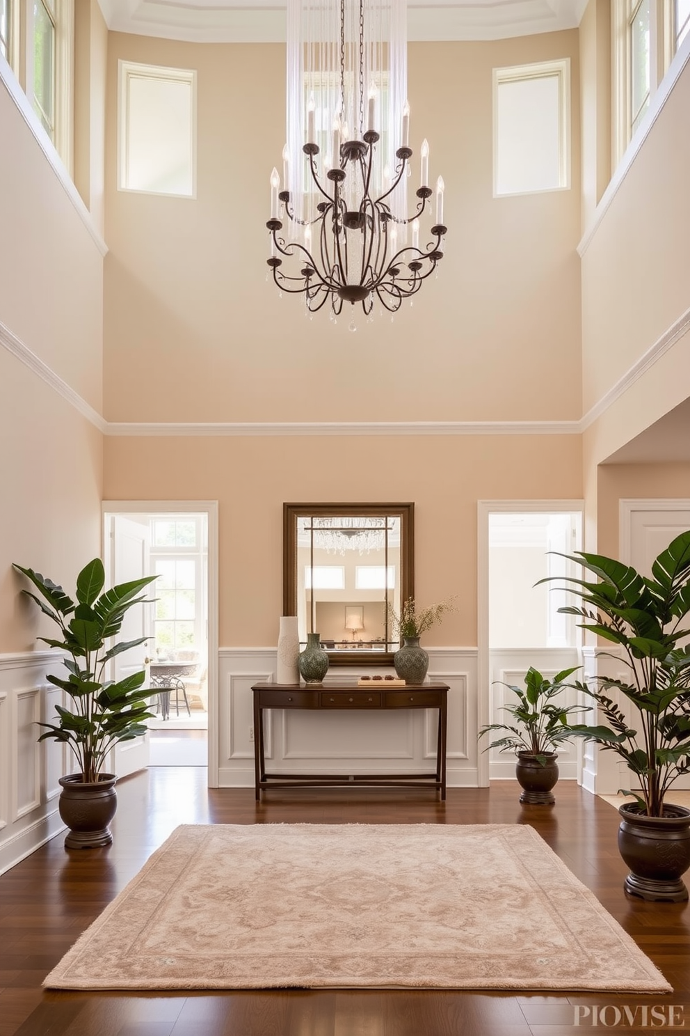 Spacious foyer with high ceilings and a grand chandelier that cascades light throughout the room. The walls are adorned with elegant wainscoting, and a plush area rug defines the entry space. Large entryway featuring a striking console table against the wall, topped with decorative accents and a large mirror. Flanking the entrance are lush potted plants that add a touch of greenery and warmth to the design.