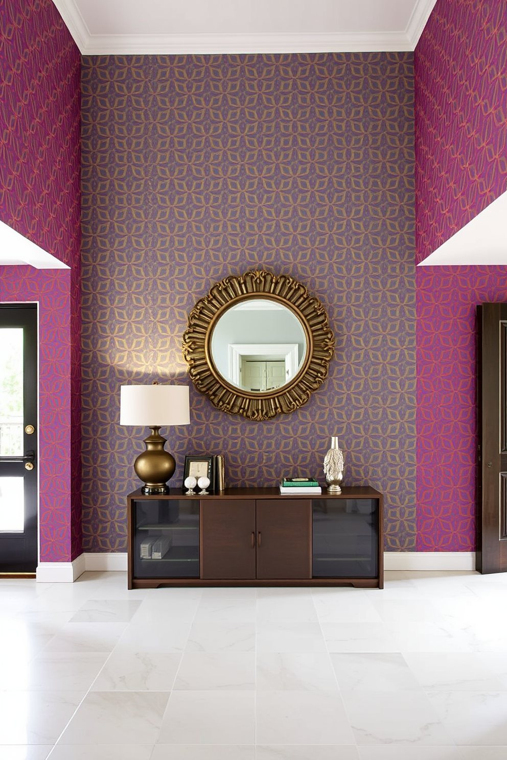 A bold wallpaper featuring a vibrant geometric pattern adorns the walls of a grand entryway. The ceiling is high, accentuating the dramatic effect of the wallpaper and creating an inviting atmosphere. A large console table with a sleek design stands against one wall, topped with decorative accessories and a statement lamp. A round mirror with an ornate frame hangs above the table, reflecting the stunning wallpaper and enhancing the sense of space.