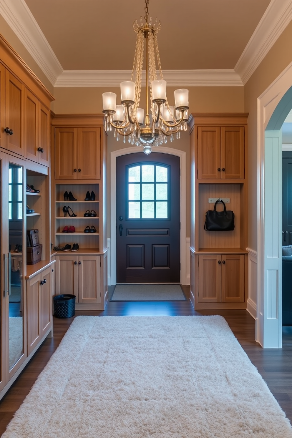 Custom built-ins for shoes and bags create a functional yet stylish entryway. The design features ample storage with a combination of open shelving and closed cabinets, finished in a warm wood tone to complement the space. Large entryway design ideas include a grand statement chandelier that draws the eye upward. The walls are adorned with elegant wainscoting, and a plush area rug defines the space, inviting guests into a welcoming atmosphere.