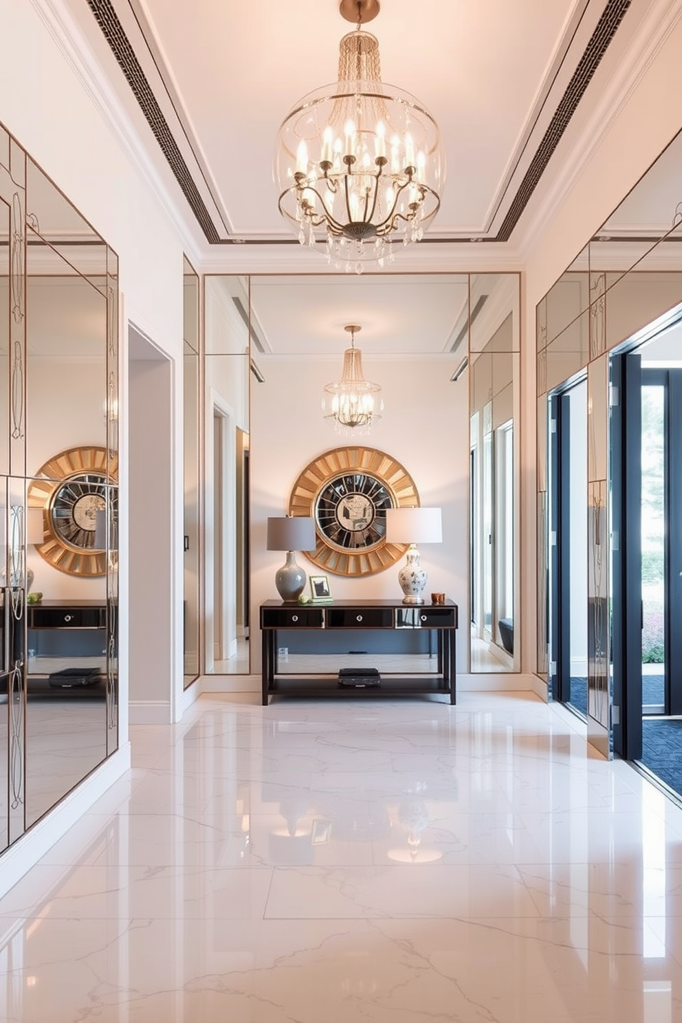 A spacious entryway featuring mirrored accents that enhance light reflection and create an illusion of depth. The walls are adorned with large, decorative mirrors and the floor is finished with polished marble tiles. A stylish console table sits against one wall, topped with a chic lamp and decorative objects. A statement chandelier hangs from the ceiling, illuminating the space with a warm glow.