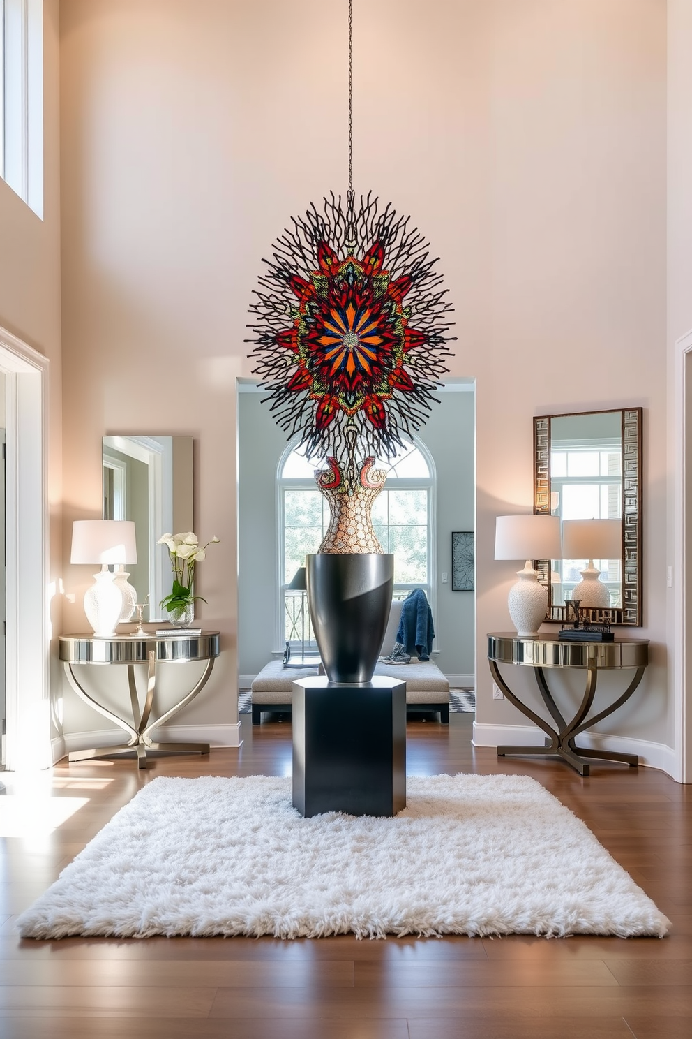 An expansive entryway features a stunning artistic sculpture as the focal point, drawing the eye with its intricate design and bold colors. Flanking the sculpture, elegant console tables hold decorative pieces, while a large mirror reflects natural light from a nearby window. The walls are painted in a soft neutral tone, creating a warm and inviting atmosphere. A plush area rug anchors the space, adding texture and comfort underfoot, while strategically placed lighting highlights the sculpture and enhances the overall ambiance.