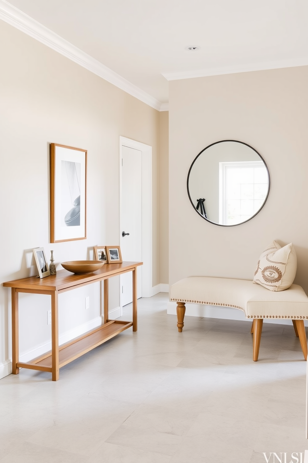 A spacious entryway features a neutral color palette with soft beige walls and a light gray tile floor. A stylish console table made of natural wood sits against the wall, adorned with a simple decorative bowl and a few framed photos. To the right, a cozy seating area includes a plush cream-colored bench with decorative pillows. A large round mirror hangs above the bench, reflecting natural light that floods in from the nearby window.