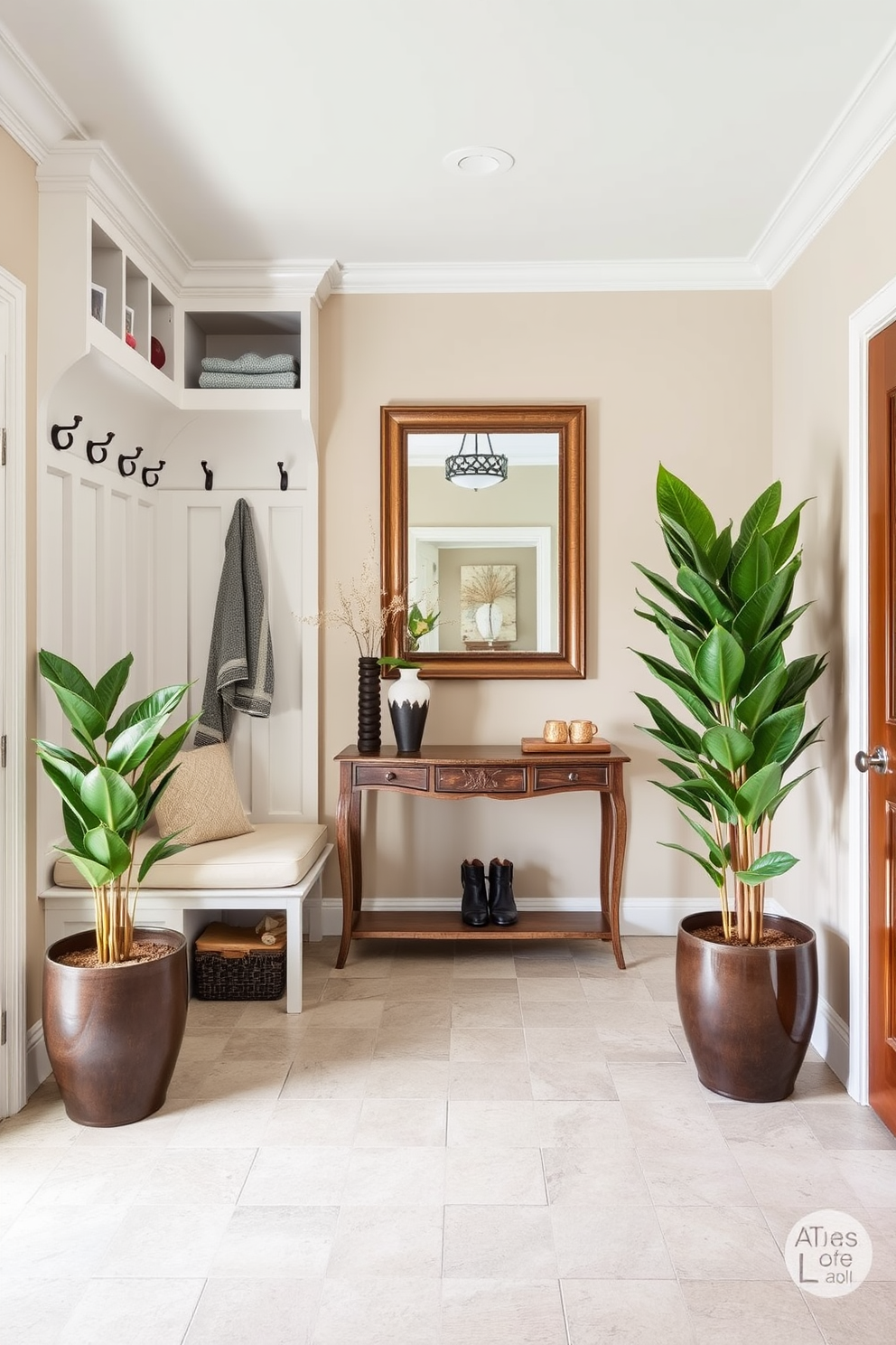 A functional mudroom area with seating features a built-in bench with soft cushions and storage cubbies above for shoes and accessories. The walls are adorned with hooks for coats, and a durable tile floor is used for easy cleaning. Large entryway design ideas include an elegant console table with decorative items and a large mirror that enhances the sense of space. Flanking the entryway, tall potted plants add a touch of greenery and warmth to the atmosphere.