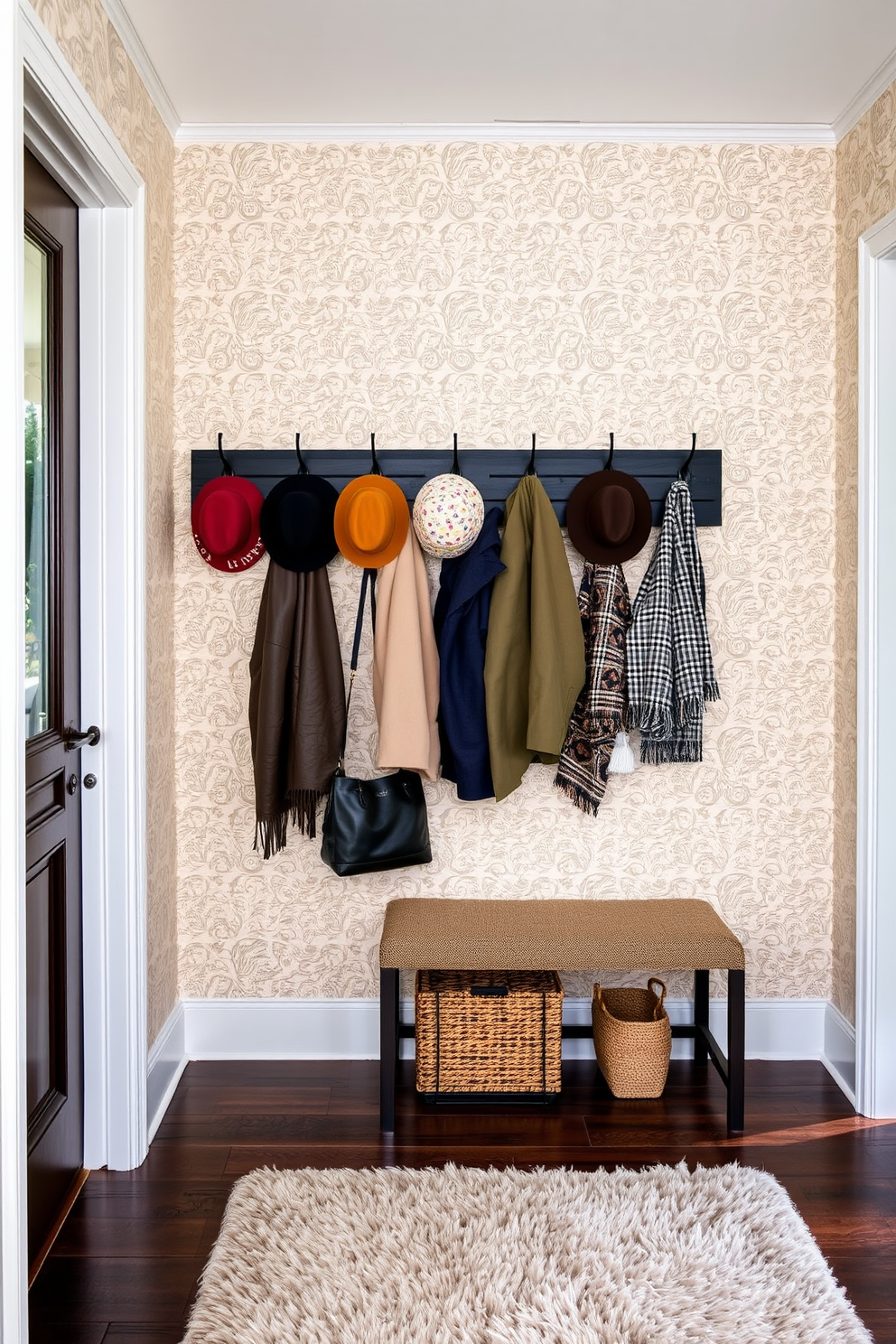 A large entryway features a stylish coat rack with chic hooks for hats and coats. The walls are adorned with a neutral wallpaper, and a plush area rug adds warmth to the space.