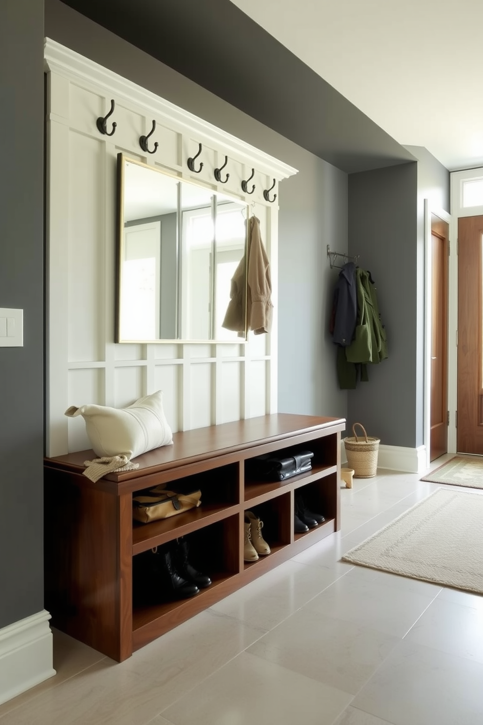 A spacious entryway features a welcoming bench with built-in storage underneath, providing a convenient spot for shoes and bags. Above the bench, a series of hooks line the wall, ideal for hanging coats and accessories, while a large mirror reflects natural light and enhances the sense of openness.