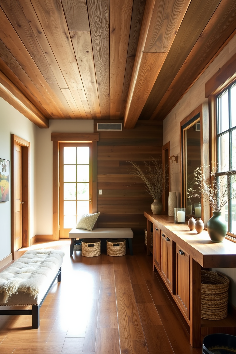 A large entryway features rustic wood accents that create a warm and inviting atmosphere. The space includes a wide wooden console table adorned with decorative items and a large mirror framed in reclaimed wood. Natural light floods in through a large window, highlighting the textured wood beams on the ceiling. A cozy seating area with a plush bench and woven baskets for storage adds functionality and charm to the entryway.