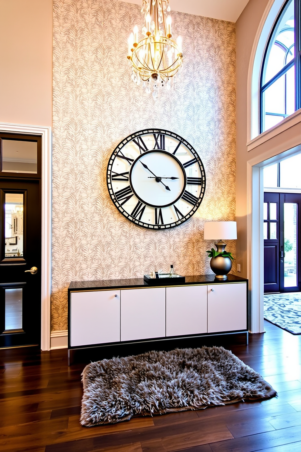 A grand entryway featuring an oversized clock as a stylish focal point. The clock is mounted on a feature wall adorned with elegant wallpaper, complemented by a sleek console table below it. The entryway is spacious, with high ceilings and a beautiful chandelier casting warm light. A plush area rug lies beneath the console table, adding a touch of comfort and sophistication to the space.