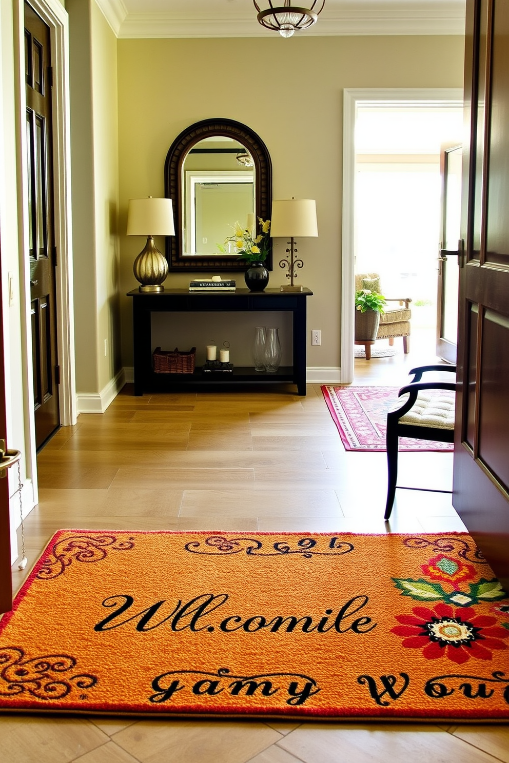 A personalized welcome mat greets visitors at the entrance, featuring a family name in elegant script. The large entryway is adorned with a statement console table, a stylish mirror, and a vibrant area rug that adds warmth and character.