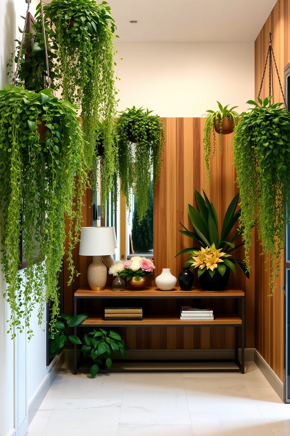 A lush entryway filled with cascading plants creates a vibrant and inviting atmosphere. The walls are adorned with natural wood accents, and a sleek console table showcases decorative items and fresh flowers. Hanging planters with trailing greenery frame the entrance, drawing the eye upward and adding depth to the space. Soft, ambient lighting illuminates the area, enhancing the rich textures of the plants and surrounding decor.