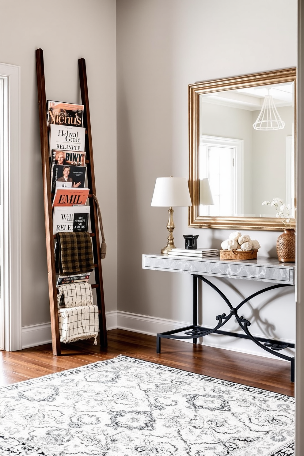 A large entryway features a decorative ladder leaning against the wall, stylishly holding an assortment of magazines and cozy throws. The floor is adorned with a chic area rug, while a statement console table sits underneath a beautifully framed mirror.