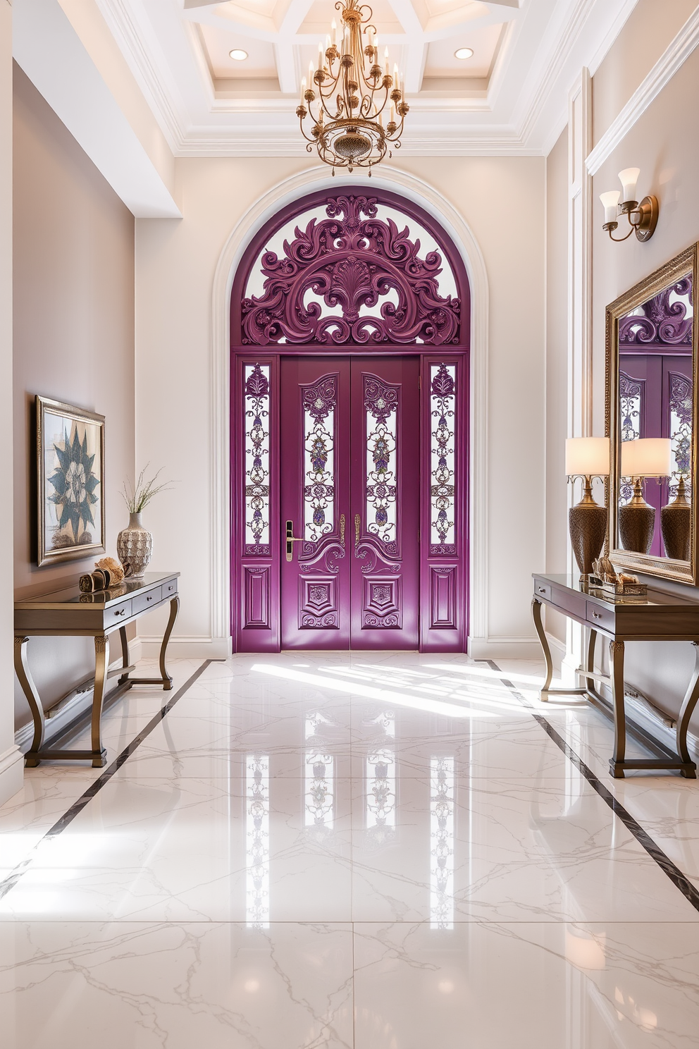 A unique door design featuring intricate carvings and a bold color that stands out against the surrounding walls. The entryway is spacious with high ceilings, adorned with decorative lighting fixtures that create a welcoming atmosphere. The floor is finished with elegant marble tiles that reflect light, enhancing the grandeur of the space. A stylish console table is placed against one wall, topped with decorative items and a large mirror that adds depth to the entryway.