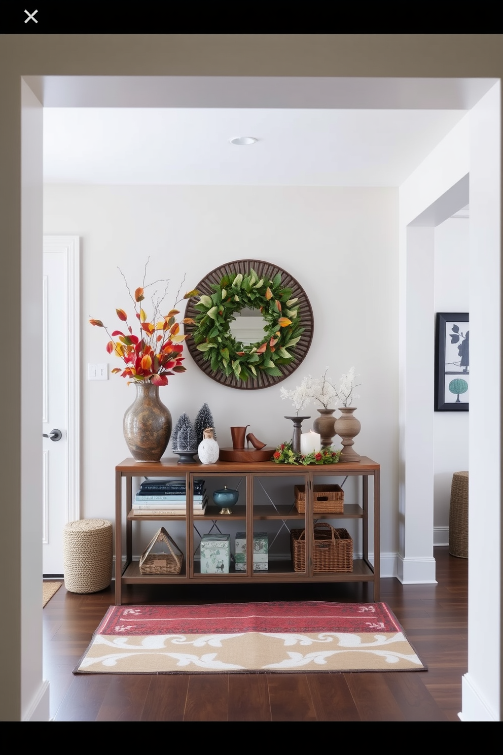 A dynamic entryway that transforms with the seasons. The space features a large console table adorned with seasonal decorations, including autumn leaves in a vase and winter-themed decor. The walls are painted in a soft neutral tone, providing a perfect backdrop for vibrant seasonal accents. A stylish area rug anchors the space, while a statement mirror reflects the changing decor, enhancing the overall ambiance.