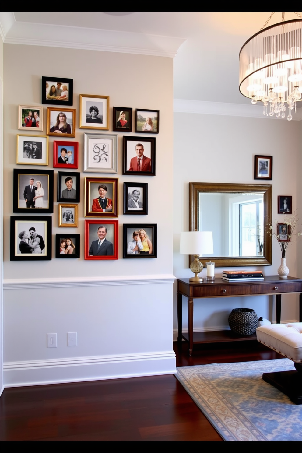 A gallery wall showcasing an eclectic mix of family photos and art pieces. The arrangement includes various frame styles and sizes, creating a vibrant and personalized focal point in the room. A spacious entryway designed with elegance and functionality in mind. The area features a stylish console table, a large mirror, and a statement light fixture that enhances the welcoming atmosphere.