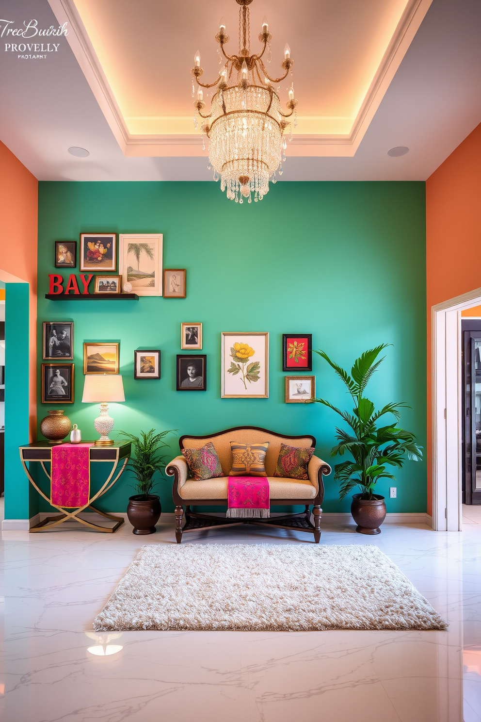 Brightly colored accent wall adorned with various artworks and decorative shelves. The floor features a sleek marble finish, and a stylish console table with a vibrant runner is placed against the wall. Large entryway design with an elegant chandelier hanging from the ceiling. A plush area rug lies beneath a beautiful seating arrangement, complemented by potted plants on either side for a welcoming atmosphere.