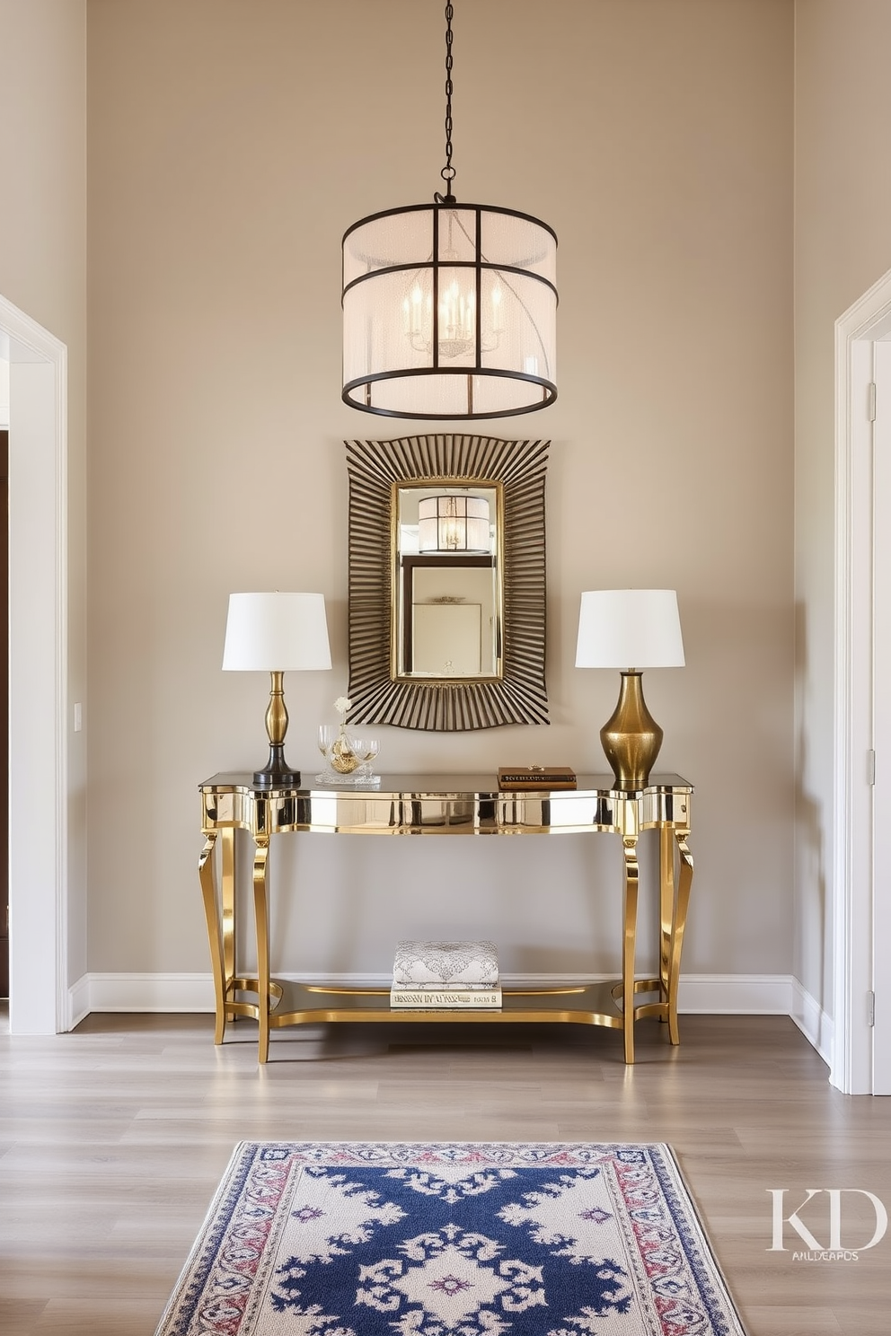 An elegant console table is positioned against a wall in a spacious entryway. The table is adorned with decorative mirrors that reflect light and create a sense of depth. The entryway features a stylish runner rug that complements the color scheme. A statement pendant light hangs above, illuminating the space with a warm glow.