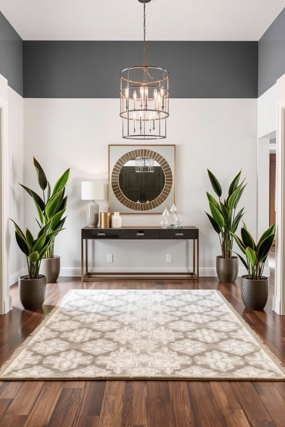 A stylish area rug anchors the entryway, featuring a geometric pattern in soft neutral tones. Surrounding the rug, the entryway boasts a console table with a sleek design, adorned with decorative items and a statement mirror above it. The large entryway is illuminated by a modern chandelier that adds a touch of elegance. Flanking the entryway are tall potted plants that bring life and color to the space, enhancing the welcoming atmosphere.