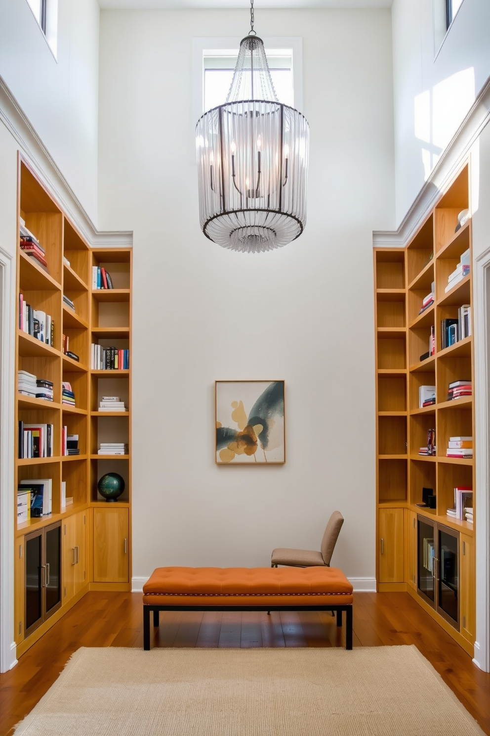 Open shelving lines the walls of a spacious entryway, showcasing a curated collection of books and decorative items. The shelves are made of light wood, adding warmth to the area, while a stylish bench sits below them for seating. The entryway features a large, inviting space with high ceilings and ample natural light. A statement chandelier hangs above, complementing the open shelving and creating a welcoming atmosphere.