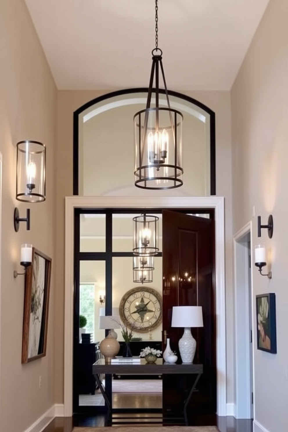 A grand entryway with layered lighting featuring elegant pendant lights hanging from a high ceiling and stylish wall sconces flanking the doorway. The space is adorned with a statement console table topped with decorative elements and a large mirror that reflects the inviting ambiance.