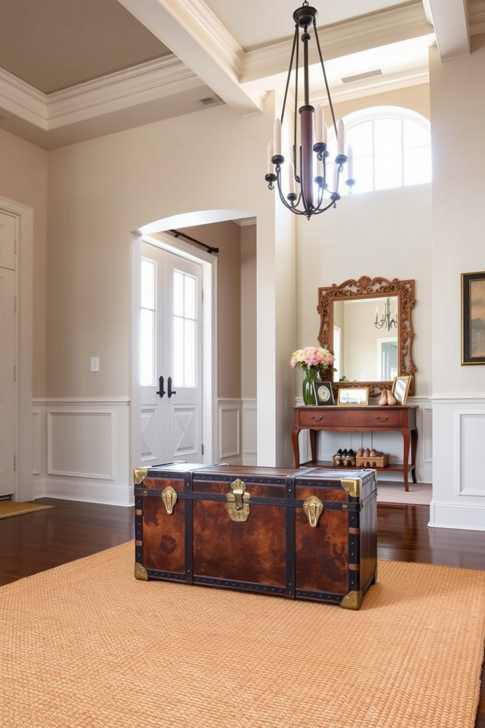 A vintage trunk serves as a stylish shoe storage solution in a spacious entryway. The trunk is adorned with intricate brass accents and sits on a woven jute rug, creating a warm and inviting atmosphere. The entryway features high ceilings with elegant crown molding and a statement chandelier that illuminates the space. A large mirror with a decorative frame reflects natural light and enhances the overall design.