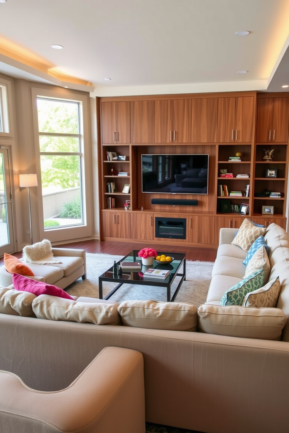 A spacious family room features a built-in entertainment center that seamlessly integrates storage and display areas. The center is crafted from rich wood, with shelves for books and decorative items, and a large screen mounted above a sleek console. The room is designed for comfort and socializing, with a plush sectional sofa arranged around a central coffee table. Soft, neutral tones are complemented by vibrant accent pillows, while large windows allow natural light to fill the space.