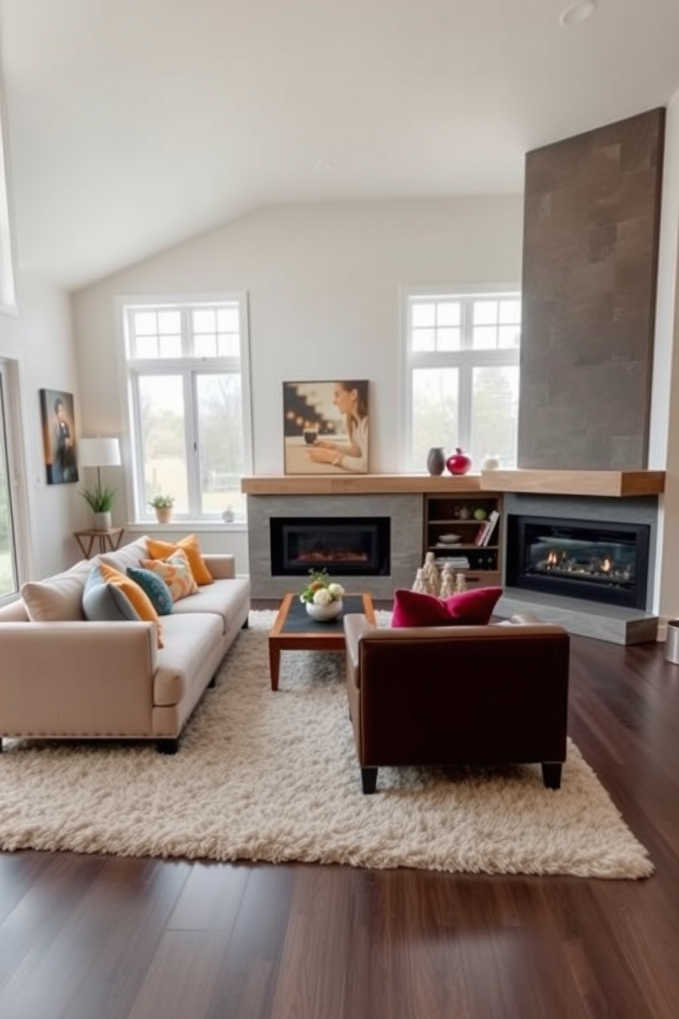 A sleek fireplace serves as the focal point of a spacious family room. The room features a comfortable sectional sofa in neutral tones, complemented by vibrant accent pillows and a stylish coffee table in front. Large windows allow natural light to flood the space, enhancing the warm ambiance. The walls are adorned with tasteful artwork, and a plush area rug anchors the seating arrangement, creating an inviting atmosphere for family gatherings.