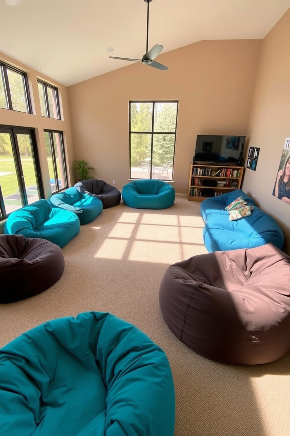 A large family room featuring comfortable bean bags arranged in a cozy seating area. The space is filled with natural light from large windows, and the walls are painted in a warm neutral tone to create an inviting atmosphere.