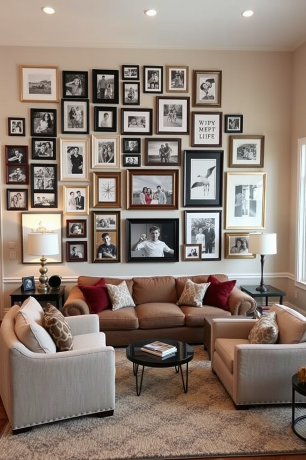 A gallery wall showcasing family photos features an eclectic mix of frames in various sizes and finishes. The arrangement includes black and white images, colorful snapshots, and artistic prints, creating a warm and inviting focal point in the room. The large family room is designed with comfortable seating, including a plush sectional sofa and oversized armchairs. A cozy area rug anchors the space, while soft lighting from stylish lamps enhances the inviting atmosphere.