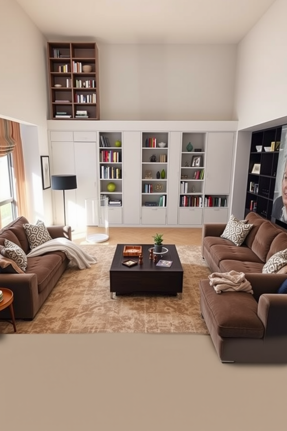 A spacious family room designed for large gatherings features a sectional sofa that can be easily rearranged. In the center, a coffee table with hidden storage allows for a clutter-free environment while providing ample space for games and activities. In one corner, a stylish bookshelf doubles as a room divider, showcasing both books and decorative items. A large area rug defines the seating area, adding warmth and comfort to the overall design.