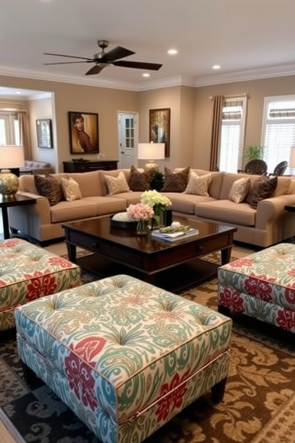 Stylish ottomans for extra seating in a large family room. The room features a spacious layout with a cozy sectional sofa and a large coffee table at the center. The ottomans are upholstered in a soft fabric with a vibrant pattern that complements the overall color scheme. They are arranged around the coffee table, providing both functionality and a touch of elegance to the space.