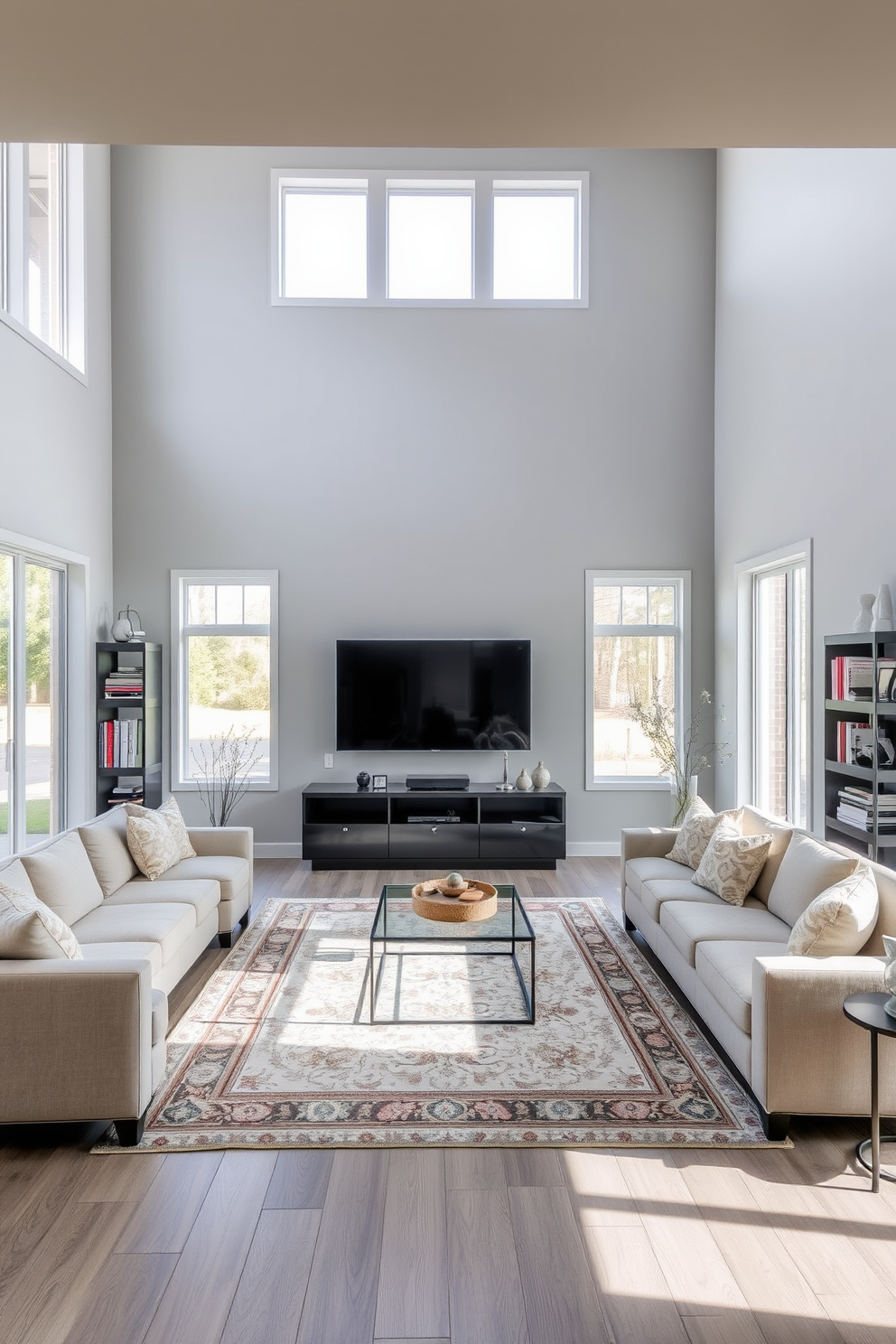 A spacious family room with an open floor plan features a sleek wall-mounted TV as the focal point. The room is designed with comfortable sectional seating in neutral tones, complemented by a large area rug that adds warmth and texture. Large windows allow natural light to flood the space, enhancing the airy atmosphere. The walls are painted in a soft gray, while decorative shelves on either side of the TV display curated books and art pieces.