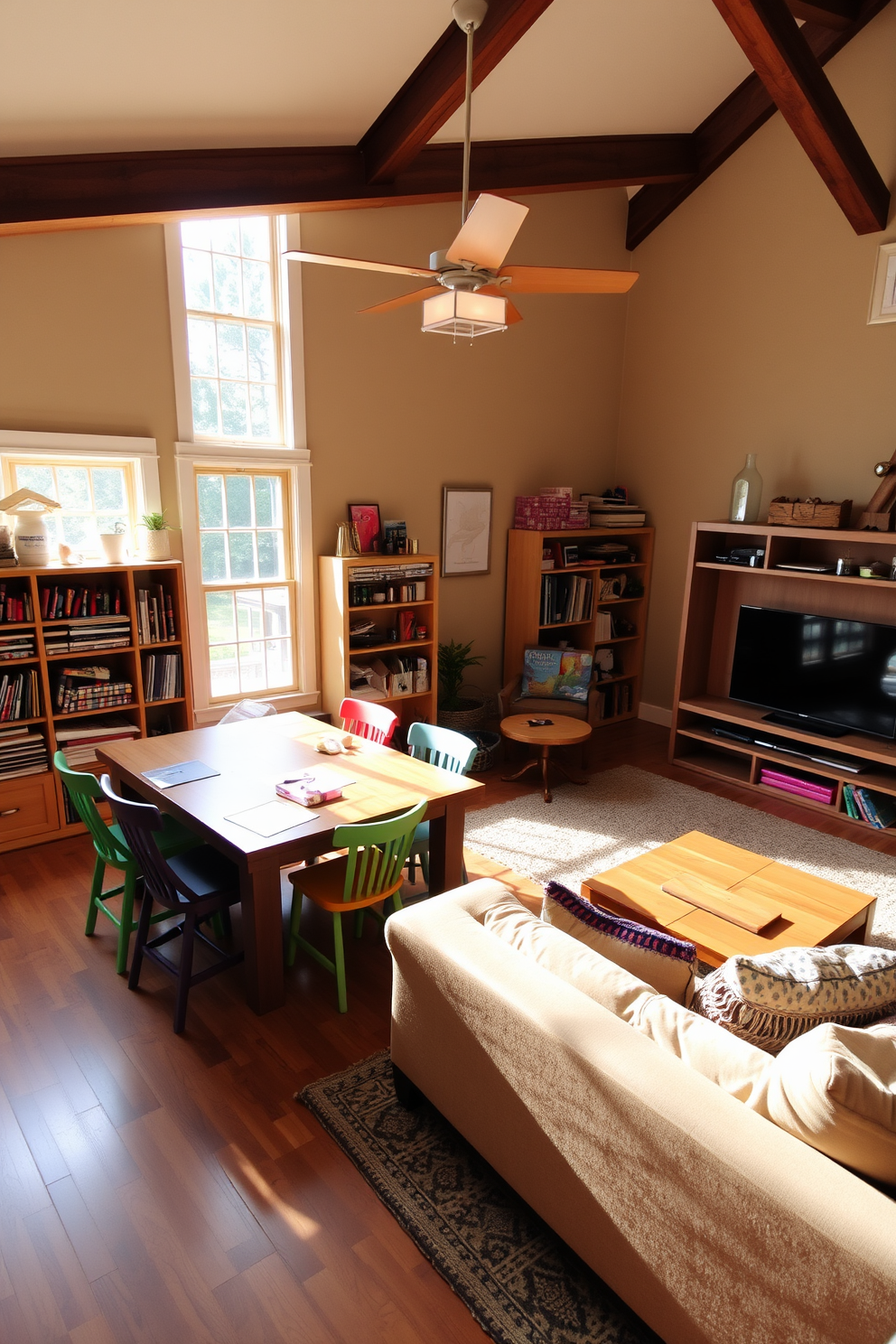 A cozy craft corner filled with natural light. There is a large wooden table surrounded by colorful chairs, with shelves lined with art supplies and projects in progress. A spacious family room designed for relaxation and entertainment. The room features a plush sectional sofa, a large coffee table, and a media center with a flat-screen TV, all set against a backdrop of warm, inviting colors.