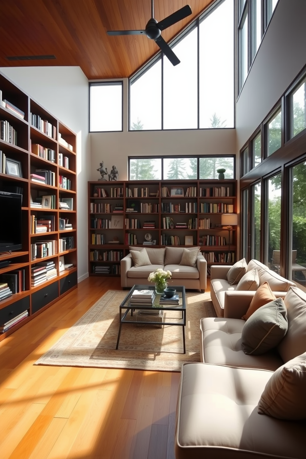 A spacious family room features open shelving against one wall, displaying an array of books and decorative items. The room is filled with natural light from large windows, complemented by a cozy seating arrangement with plush sofas and a stylish coffee table.