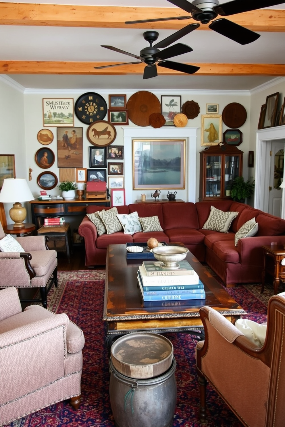 A large family room filled with vintage finds that add unique character. The space features a plush sectional sofa in a rich fabric, paired with mismatched armchairs that invite relaxation. An antique coffee table sits at the center, adorned with a stack of vintage books and a decorative bowl. The walls are lined with eclectic art pieces and family photographs, creating a warm and inviting atmosphere.