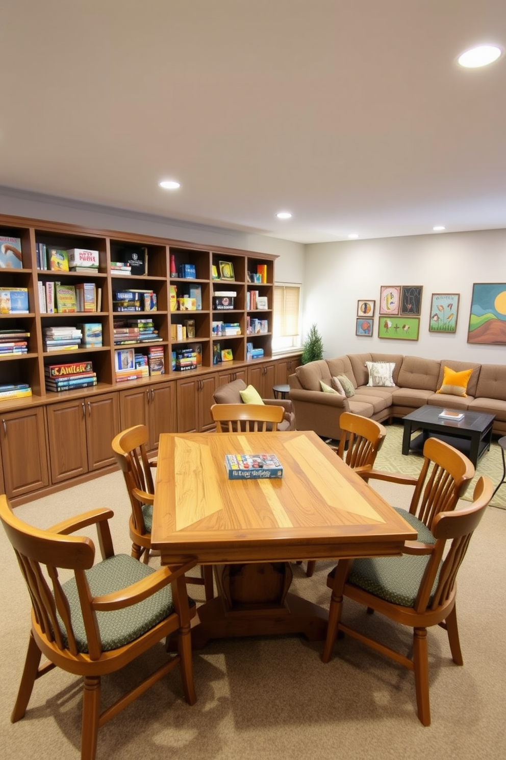 A cozy game area designed for family fun. The room features a large wooden table surrounded by comfortable chairs, with shelves filled with board games and puzzles lining the walls. The family room is spacious and inviting, with a plush sectional sofa arranged around a coffee table. Soft lighting creates a warm ambiance, while colorful artwork adds a playful touch to the decor.