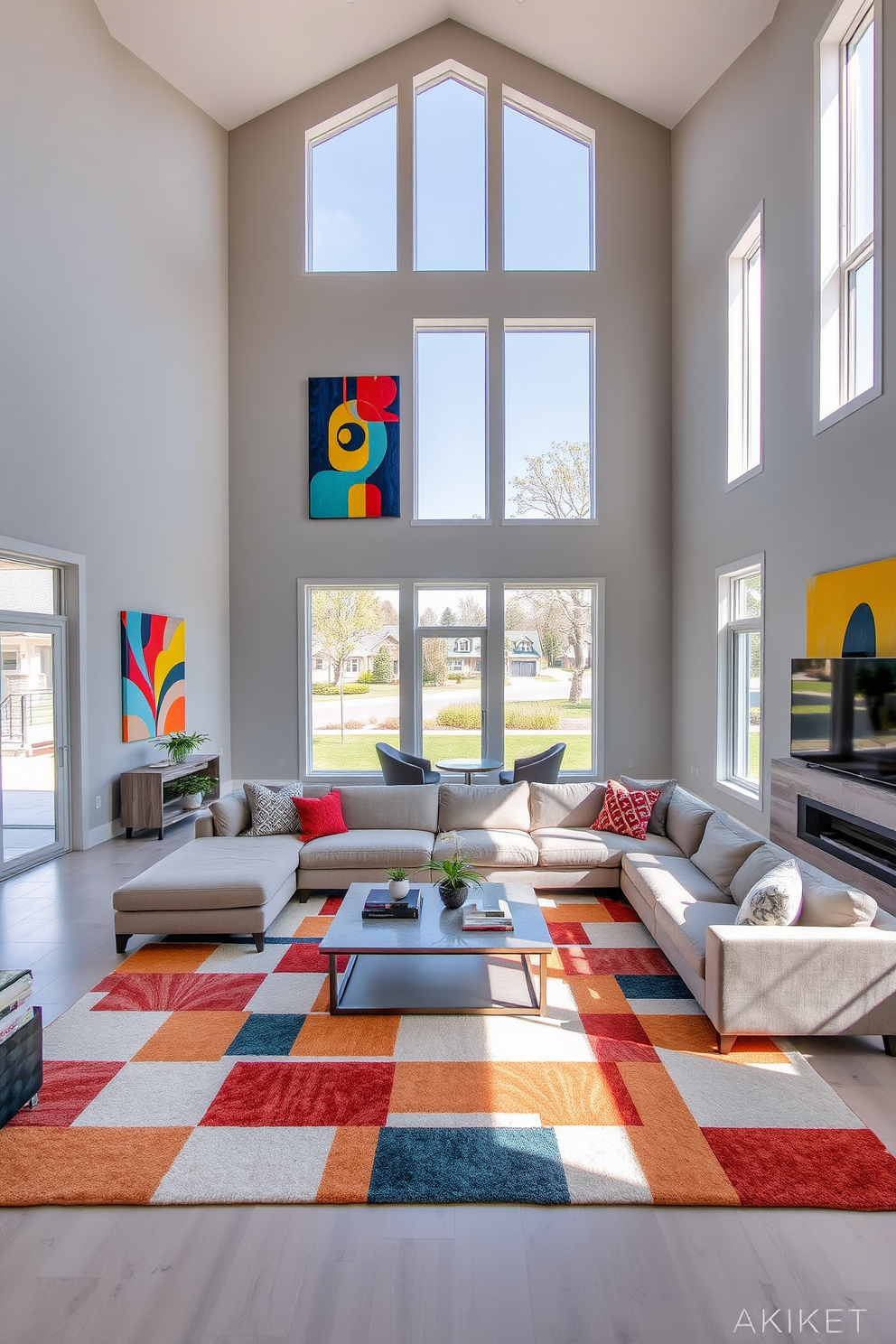 A large family room filled with natural light features an open layout with high ceilings. The walls are painted in a soft gray, and a plush sectional sofa in a neutral tone is centered around a sleek coffee table. Colorful modern art pieces adorn the walls, adding visual interest and personality to the space. A large area rug in bold geometric patterns anchors the seating area, while oversized windows offer views of the outdoor landscape.