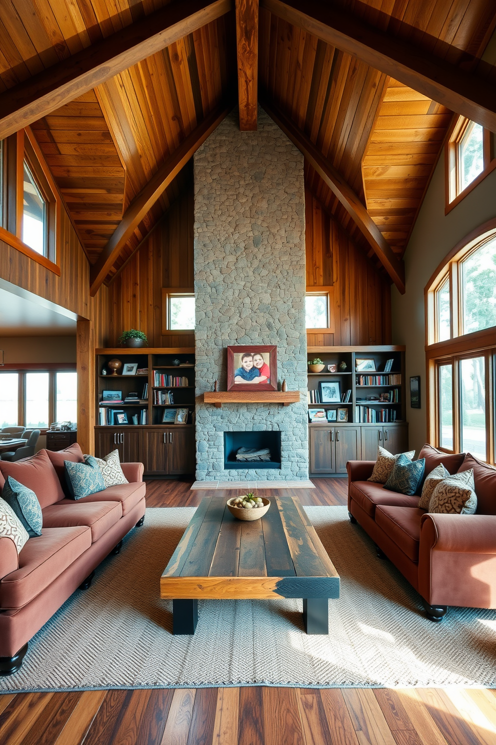 A large family room with warm wood accents creates a cozy and inviting atmosphere. The space features a comfortable sectional sofa in earthy tones and a reclaimed wood coffee table at the center. Natural light floods the room through oversized windows, highlighting the exposed wooden beams on the ceiling. A stone fireplace serves as a focal point, surrounded by built-in shelves filled with books and family photos.