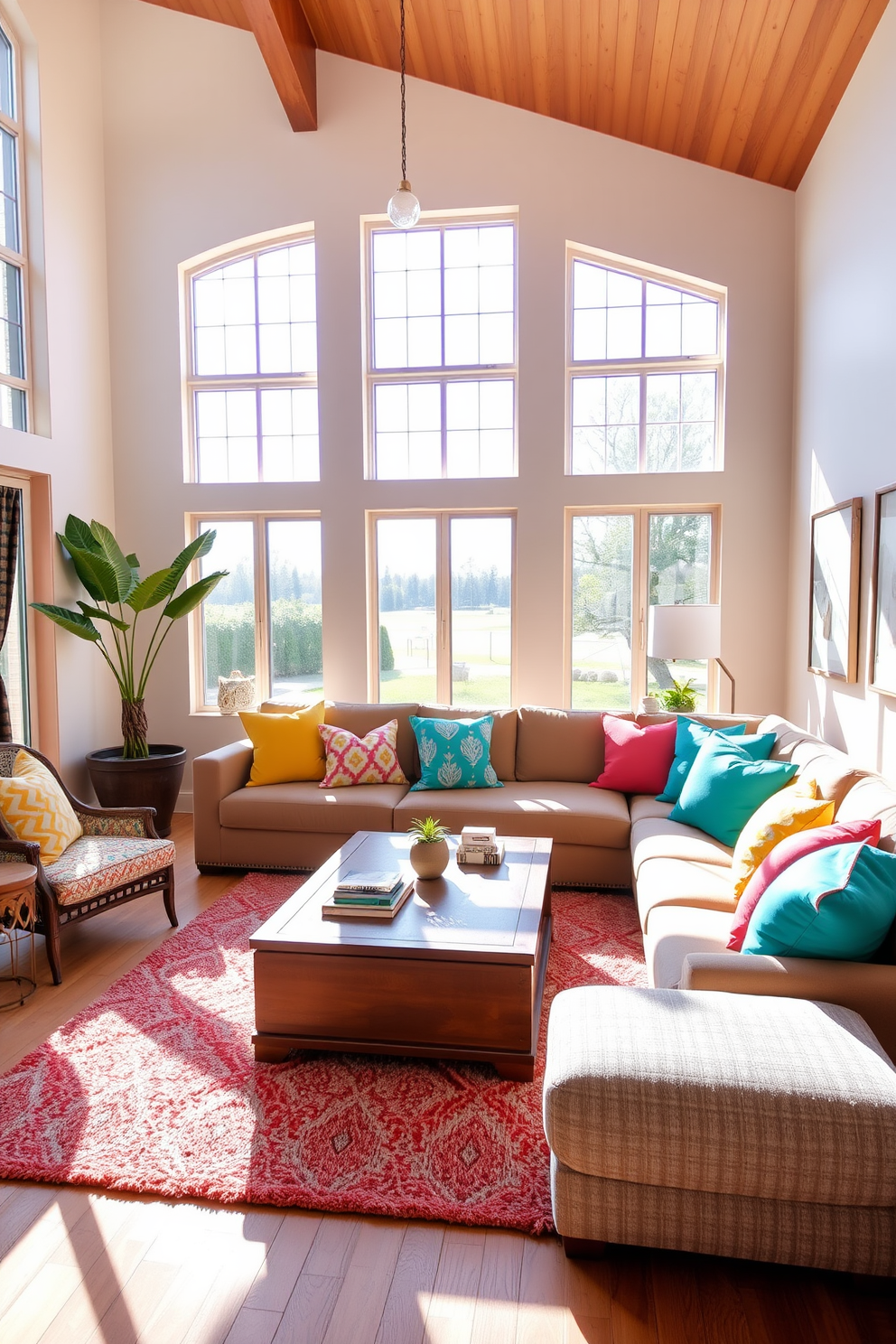 Bright cushions in vibrant colors add a cheerful vibe to the large family room. The space features a comfortable sectional sofa, complemented by a mix of patterned and solid cushions in hues of yellow, turquoise, and coral. Natural light floods the room through large windows, enhancing the welcoming atmosphere. A cozy area rug anchors the seating arrangement, while playful artwork adorns the walls, contributing to the lively ambiance.