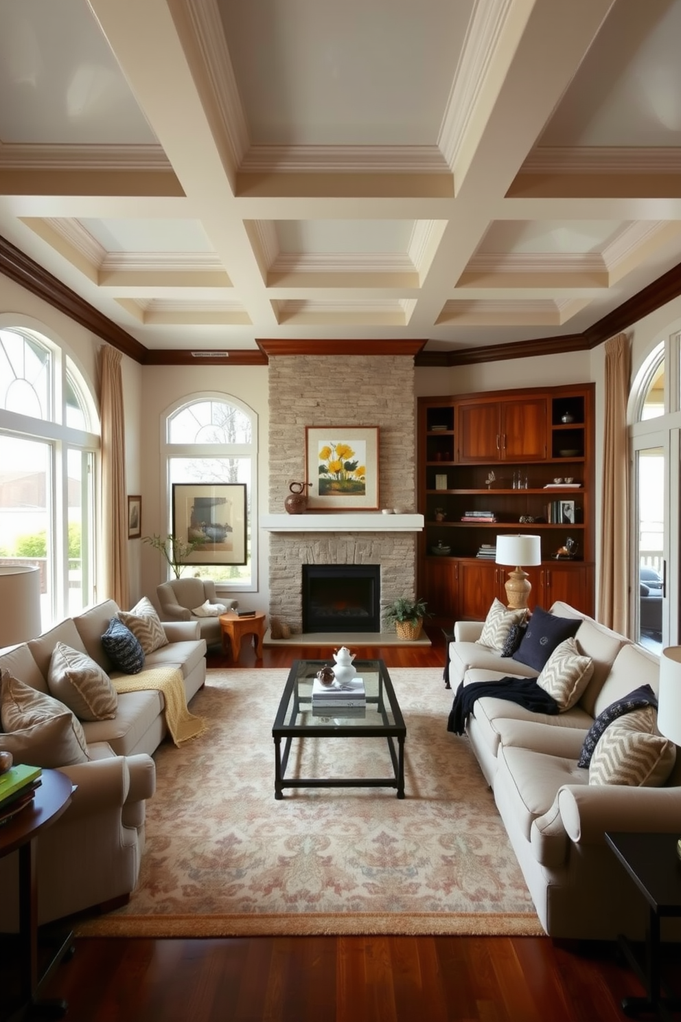 A spacious family room featuring a coffered ceiling that adds a touch of elegance and dimension. The room is filled with natural light from large windows, showcasing comfortable seating arrangements and a cozy fireplace. The walls are painted in a soft neutral tone, complemented by rich wooden accents throughout the space. A large area rug anchors the seating area, while decorative pillows and throws add warmth and texture.