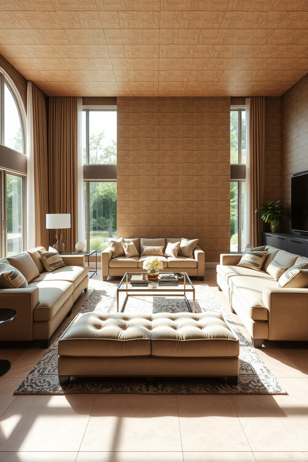 A large family room featuring textured wallpaper that adds depth and interest to the space. The room is filled with comfortable seating arrangements, including a plush sectional sofa and oversized armchairs, creating an inviting atmosphere for gatherings. Natural light floods in through large windows adorned with elegant drapes, highlighting the rich colors of the wallpaper. A stylish coffee table sits at the center, surrounded by decorative cushions and a cozy area rug that ties the room together.