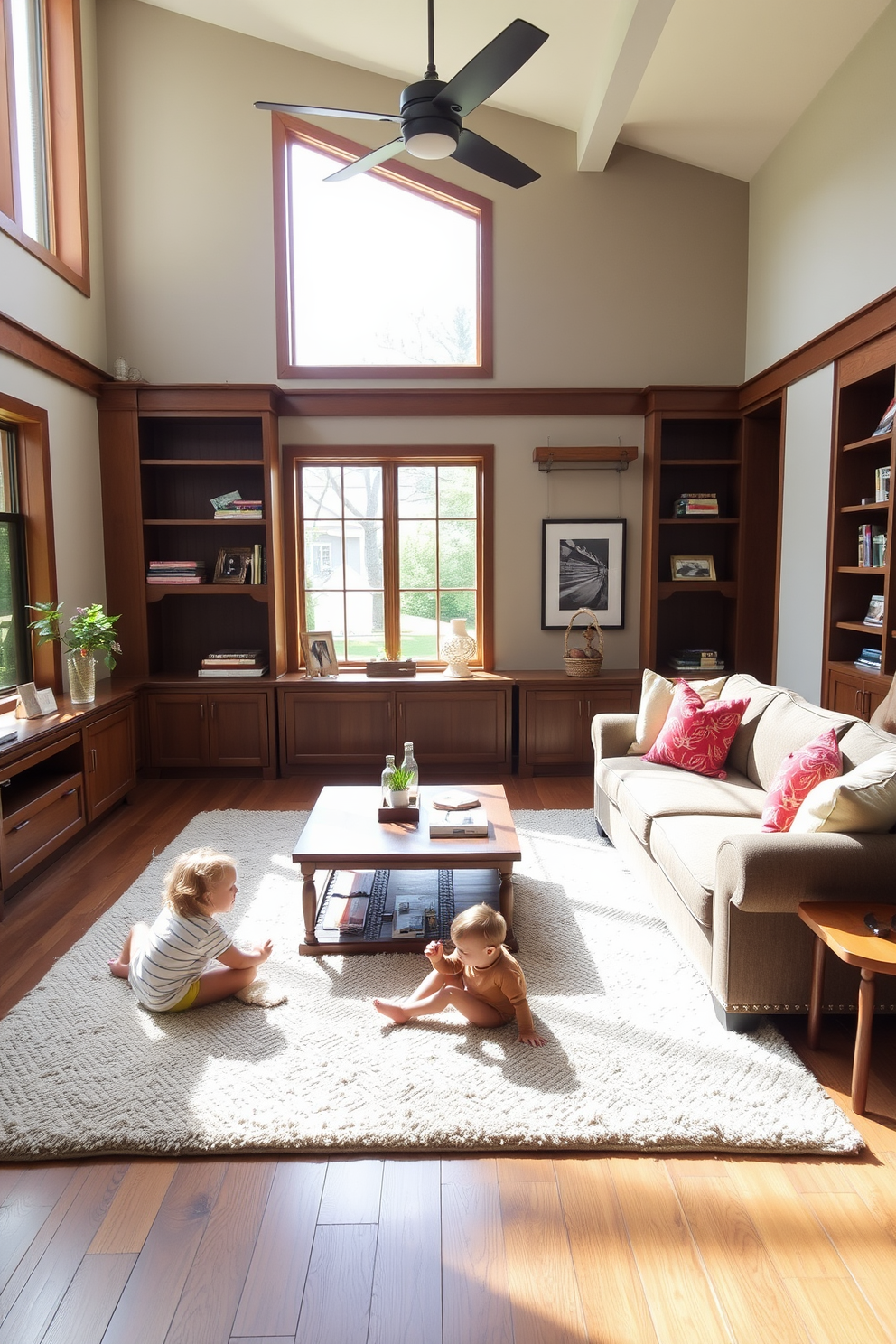 A spacious family room featuring durable and family-friendly fabrics. The room includes a large sectional sofa upholstered in a stain-resistant material, paired with colorful throw pillows for a playful touch. Natural light floods the space through oversized windows, highlighting the warm wood tones of the coffee table and built-in shelves. A soft area rug anchors the seating area, providing a cozy spot for children to play.